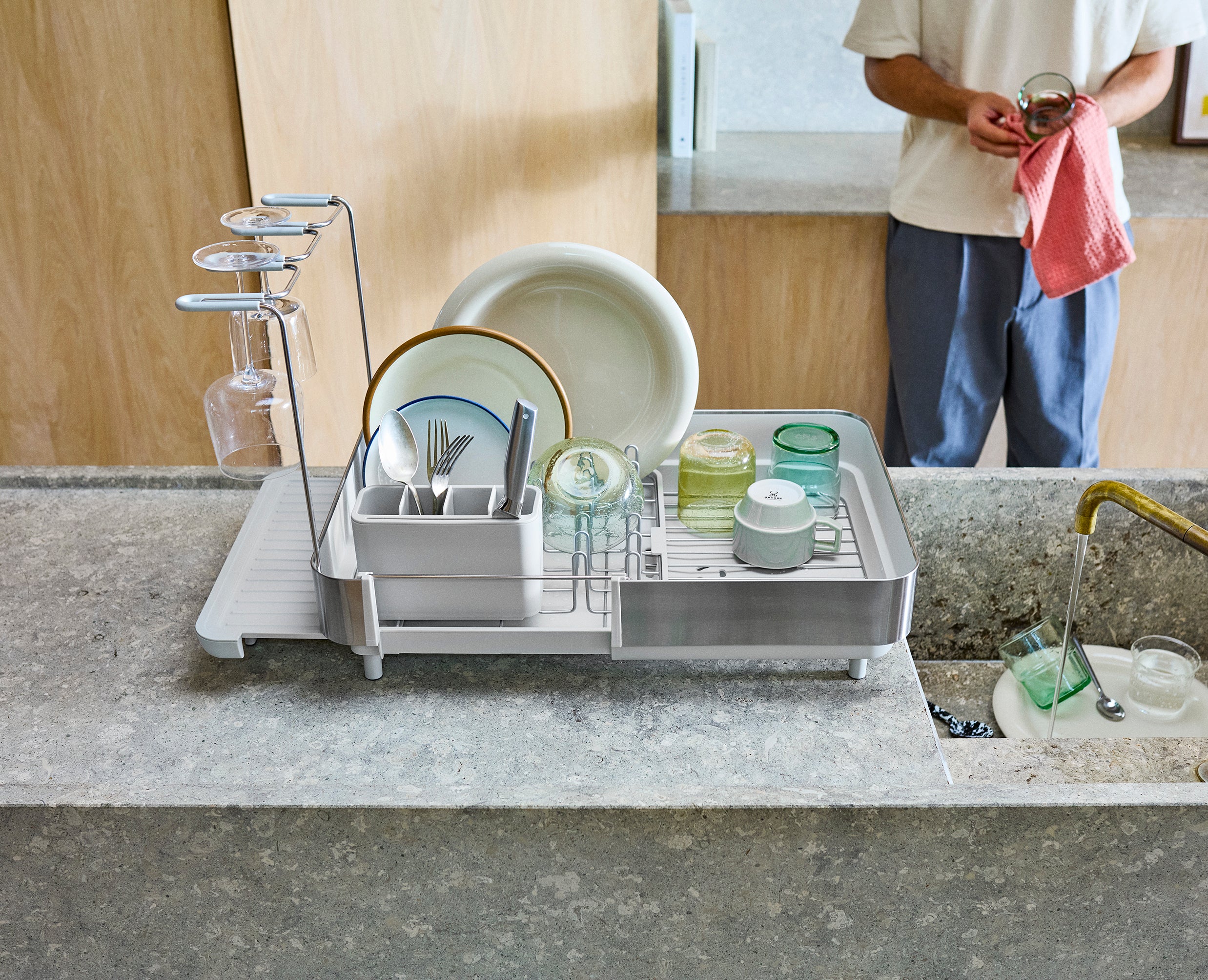 Extend™ Steel Plus Expandable Stone Dish Drainer with Wine Glass Rack - Image 3